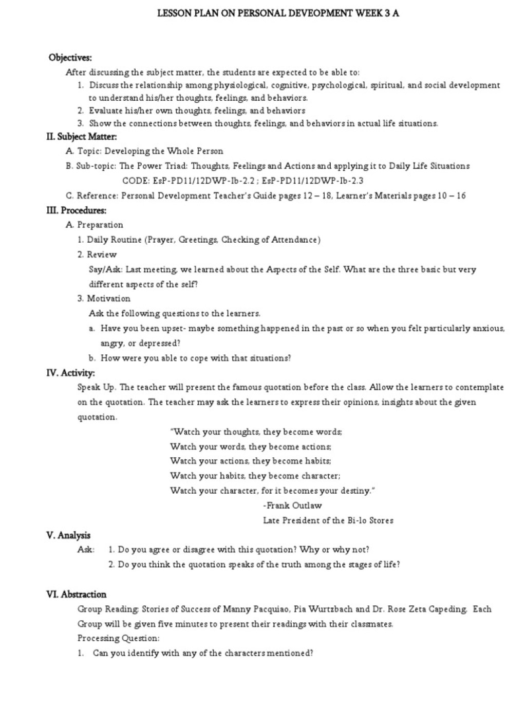 Picture of: Lesson Plan On Personal Development Week  A  PDF  Lesson Plan