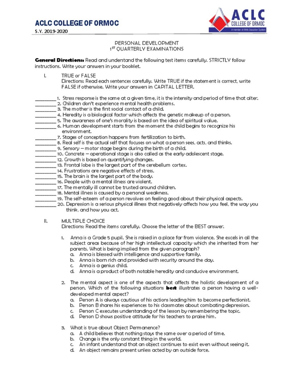Picture of: st Quarter Exam in PERDEV  PDF  Mental Disorder  Stress (Biology)