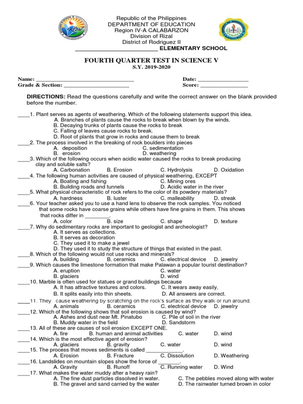 Picture of: th Quarter Test in Science   PDF  Weathering  Moon